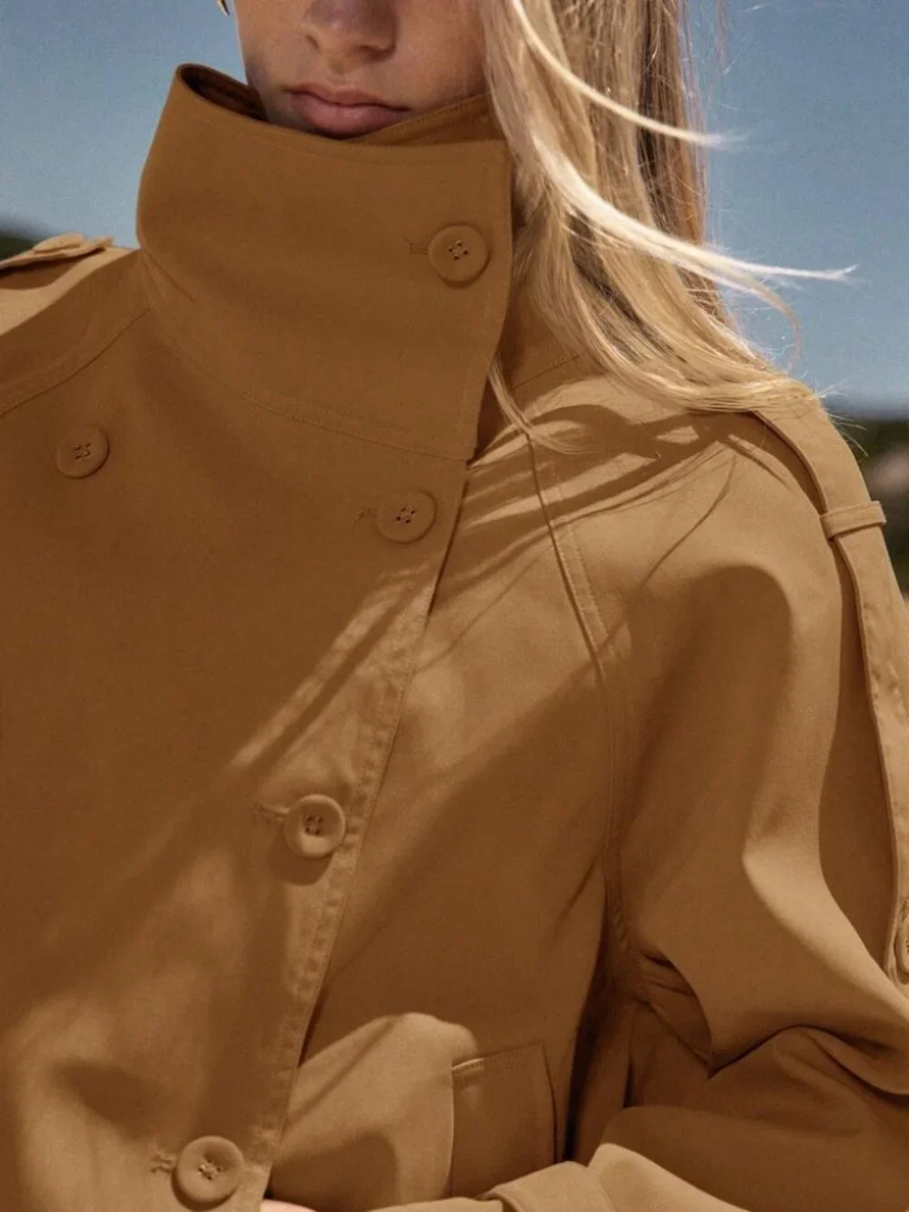 Camel Double-Breasted Cropped Trench Jacket with Belted Cuffs
